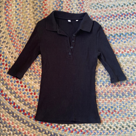 KOTN black cotton ribbed button down quarter polo top in size S - Picture 4 of 5